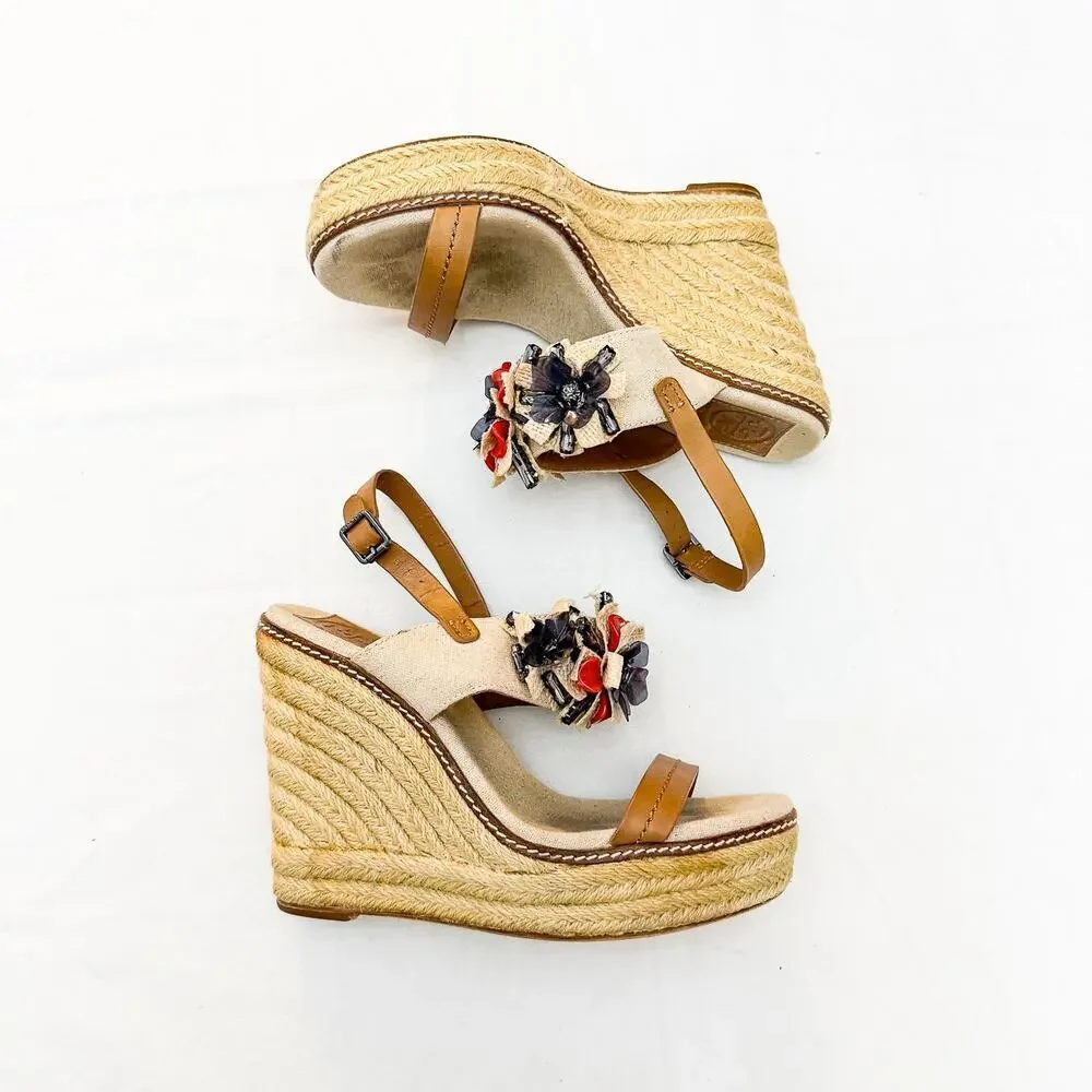 Tory Burch Mallory Lin Natural Espadrille Wedge Sandals Floral Applique Size 8.5